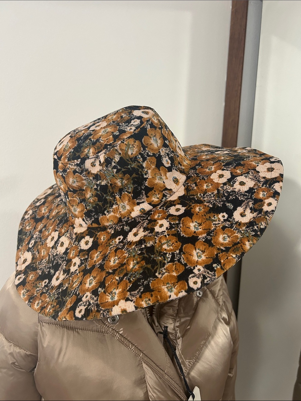 Anthropology floral corduroy wide brim hat.
